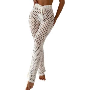 imageOYOANGLE Womens Crochet Hollow Out Beach Pants Drawstring Waist Flared Leg Swimwear Cover Up PantsWhite