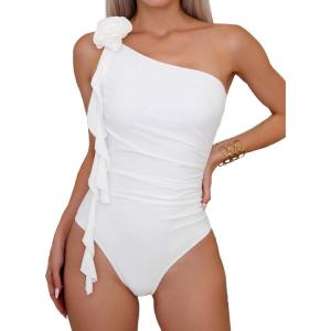 imageOYOANGLE Womens One Piece Swimsuit 3D Floral Appliques One Shoulder Ruffle Trim Ruched Bathing Suit SwimwearWhite