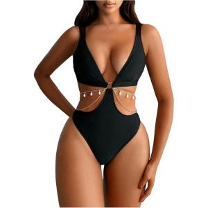 imageOYOANGLE Womens One Piece Swimsuit Ring Linked Cut Out Bathing Suit High Cut SwimwearBlack