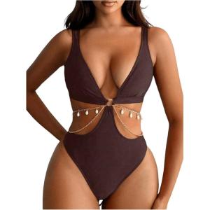 imageOYOANGLE Womens One Piece Swimsuit Ring Linked Cut Out Bathing Suit High Cut SwimwearCoffee Brown
