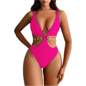 imageOYOANGLE Womens One Piece Swimsuit Ring Linked Cut Out Bathing Suit High Cut SwimwearHot Pink