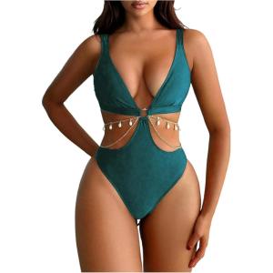 imageOYOANGLE Womens One Piece Swimsuit Ring Linked Cut Out Bathing Suit High Cut SwimwearTeal Blue