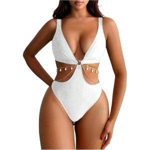 imageOYOANGLE Womens One Piece Swimsuit Ring Linked Cut Out Bathing Suit High Cut SwimwearWhite