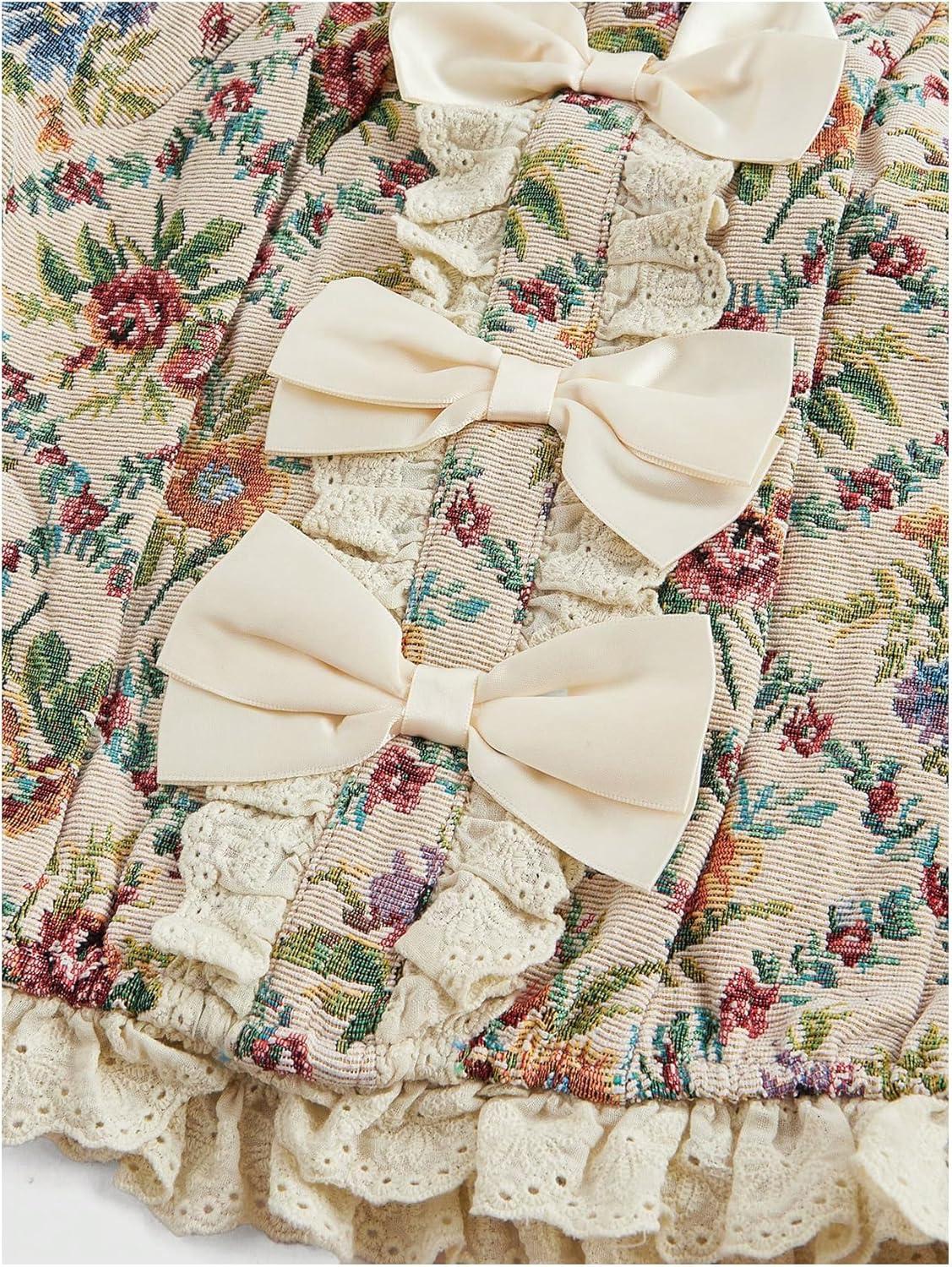 imageOYOANGLE Womens Bow Front Bustier Corset Floral Print Lace Trim Strapless Vintage Bandeau Crop TopsApricot