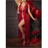 imageOYOANGLE Womens 2 Piece Lingerie Set Lace Sheer Long Babydoll Chemise Nightgown with Thongs SleepwearBurgundy