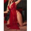 imageOYOANGLE Womens 2 Piece Lingerie Set Lace Sheer Long Babydoll Chemise Nightgown with Thongs SleepwearBurgundy