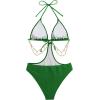 imageOYOANGLE Womens Chain Linked Cut Out Halter One Piece Swimsuit Tummy Control Bathing SuitArmy Green