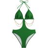 imageOYOANGLE Womens Chain Linked Cut Out Halter One Piece Swimsuit Tummy Control Bathing SuitArmy Green