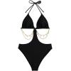 imageOYOANGLE Womens Chain Linked Cut Out Halter One Piece Swimsuit Tummy Control Bathing SuitBlack