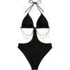 imageOYOANGLE Womens Chain Linked Cut Out Halter One Piece Swimsuit Tummy Control Bathing SuitBlack