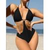 imageOYOANGLE Womens Chain Linked Cut Out Halter One Piece Swimsuit Tummy Control Bathing SuitBlack
