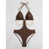 imageOYOANGLE Womens Chain Linked Cut Out Halter One Piece Swimsuit Tummy Control Bathing SuitChocolate Brown