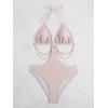 imageOYOANGLE Womens Chain Linked Cut Out Halter One Piece Swimsuit Tummy Control Bathing SuitPink