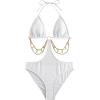 imageOYOANGLE Womens Chain Linked Cut Out Halter One Piece Swimsuit Tummy Control Bathing SuitWhite