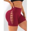 imageOYOANGLE Womens Criss Cross Cut Out High Waisted Short Leggings Seamless Booty Biker Shorts ActivewearBurgundy