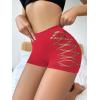 imageOYOANGLE Womens Cut Out Mid Rise Boyshort Panties Solid Plain Criss Cross Seamless UnderwearRed