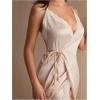 imageOYOANGLE Womens Elegant Lace Trim Satin Nightgowns Knot Side V Neck Midi Slip Dress SleepwearChampagne