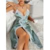 imageOYOANGLE Womens Elegant Lace Trim Satin Nightgowns Knot Side V Neck Midi Slip Dress SleepwearGreen