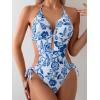 imageOYOANGLE Womens Floral Print Halter Neck One Piece Swimsuits Cut Out tie Backless Bathing Suit Beach MonokiniBlue