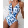 imageOYOANGLE Womens Floral Print Halter Neck One Piece Swimsuits Cut Out tie Backless Bathing Suit Beach MonokiniBlue