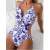 imageOYOANGLE Womens Floral Print Halter Neck One Piece Swimsuits Cut Out tie Backless Bathing Suit Beach MonokiniPurple