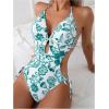 imageOYOANGLE Womens Floral Print Halter Neck One Piece Swimsuits Cut Out tie Backless Bathing Suit Beach MonokiniTeal Blue