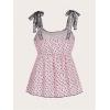 imageOYOANGLE Womens Heart Print Lace Tie Shoulder Babydoll Tank Top Bow Scoop Neck Sleeveless Peplum TopsPink