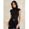 imageOYOANGLE Womens High Neck Cap Sleeve Ruched TShirt Basic Solid Summer Tight TopsBlack