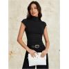 imageOYOANGLE Womens High Neck Cap Sleeve Ruched TShirt Basic Solid Summer Tight TopsBlack