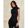 imageOYOANGLE Womens High Neck Cap Sleeve Ruched TShirt Basic Solid Summer Tight TopsBlack