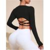 imageOYOANGLE Womens Long Sleeve Workout Top Criss Cross Backless Fitted Crop Tops Gym Athletic ShirtBlack