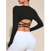 imageOYOANGLE Womens Long Sleeve Workout Top Criss Cross Backless Fitted Crop Tops Gym Athletic ShirtBlack