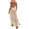 imageOYOANGLE Womens Mesh Sheer Swimsuit Cover Up Ruffle Tie Side Beach Sarong Wrap Long SkirtBeige