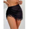 imageOYOANGLE Womens Mesh Sheer Tassel Swimwear Cover Up Skirt Ruched Short Beach SarongBlack