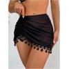 imageOYOANGLE Womens Mesh Sheer Tassel Swimwear Cover Up Skirt Ruched Short Beach SarongBlack