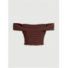 imageOYOANGLE Womens Off Shoulder Ruched Lettuce Trim Mesh Short Sleeve Tee Shirts Solid Slim Fit Crop TopsCoffee Brown