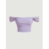 imageOYOANGLE Womens Off Shoulder Ruched Lettuce Trim Mesh Short Sleeve Tee Shirts Solid Slim Fit Crop TopsLilac Purple