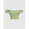 imageOYOANGLE Womens Off Shoulder Ruched Lettuce Trim Mesh Short Sleeve Tee Shirts Solid Slim Fit Crop TopsLime Green