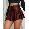 imageOYOANGLE Womens Pu Leather Elastic High Waist Skorts Ruffle Hem Casual Flared Skirt ShortsRust Brown
