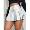 imageOYOANGLE Womens Pu Leather Elastic High Waist Skorts Ruffle Hem Casual Flared Skirt ShortsSilver