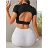 imageOYOANGLE Womens Short Sleeve Open Back Workout Tops Rib Knit Crew Neck Crop Top Sports Yoga ShirtsBlack