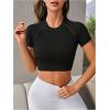 imageOYOANGLE Womens Short Sleeve Open Back Workout Tops Rib Knit Crew Neck Crop Top Sports Yoga ShirtsBlack