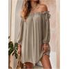 imageOYOANGLE Womens Swimsuit Cover Ups Off Shoulder Long Sleeve Beach Dress Frill Trim SwimwearKhaki