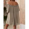 imageOYOANGLE Womens Swimsuit Cover Ups Off Shoulder Long Sleeve Beach Dress Frill Trim SwimwearKhaki