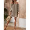 imageOYOANGLE Womens Swimsuit Cover Ups Off Shoulder Long Sleeve Beach Dress Frill Trim SwimwearKhaki