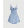 imageOYOANGLE Womens Vintage Bowknot Spaghetti Strap Denim Romper Sleeveless Wide Leg Jean Short JumpsuitsBlue