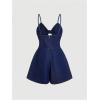 imageOYOANGLE Womens Vintage Bowknot Spaghetti Strap Denim Romper Sleeveless Wide Leg Jean Short JumpsuitsDark Wash