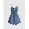 imageOYOANGLE Womens Vintage Bowknot Spaghetti Strap Denim Romper Sleeveless Wide Leg Jean Short JumpsuitsLight Wash