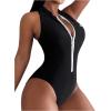 imageOYOANGLE Womens Zip Up Racer Back One Piece Swimsuit Crew Neck Sleeveless Monokini SwimwearBlack