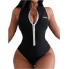 imageOYOANGLE Womens Zip Up Racer Back One Piece Swimsuit Crew Neck Sleeveless Monokini SwimwearBlack